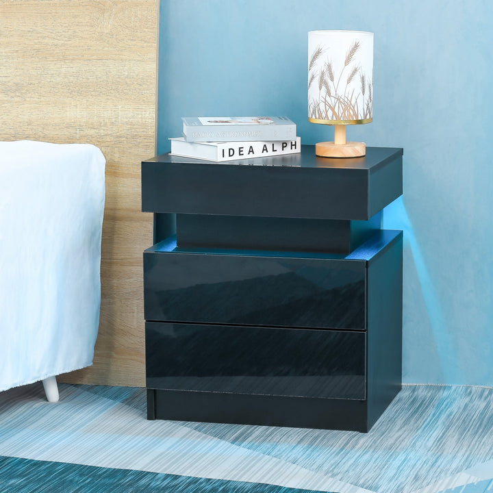 Modern Black LED Nightstand with High Gloss Drawers for Bedroom - Wood LED Bedside Table with LED Lights Image 8