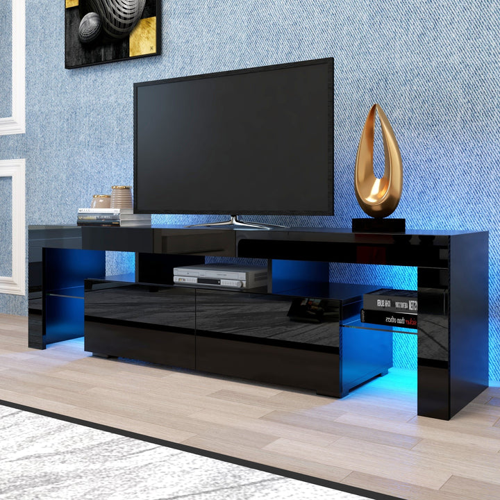 Modern Black TV Stand for 70-inch TV with 20 Colors LED Lights Remote Control Image 7