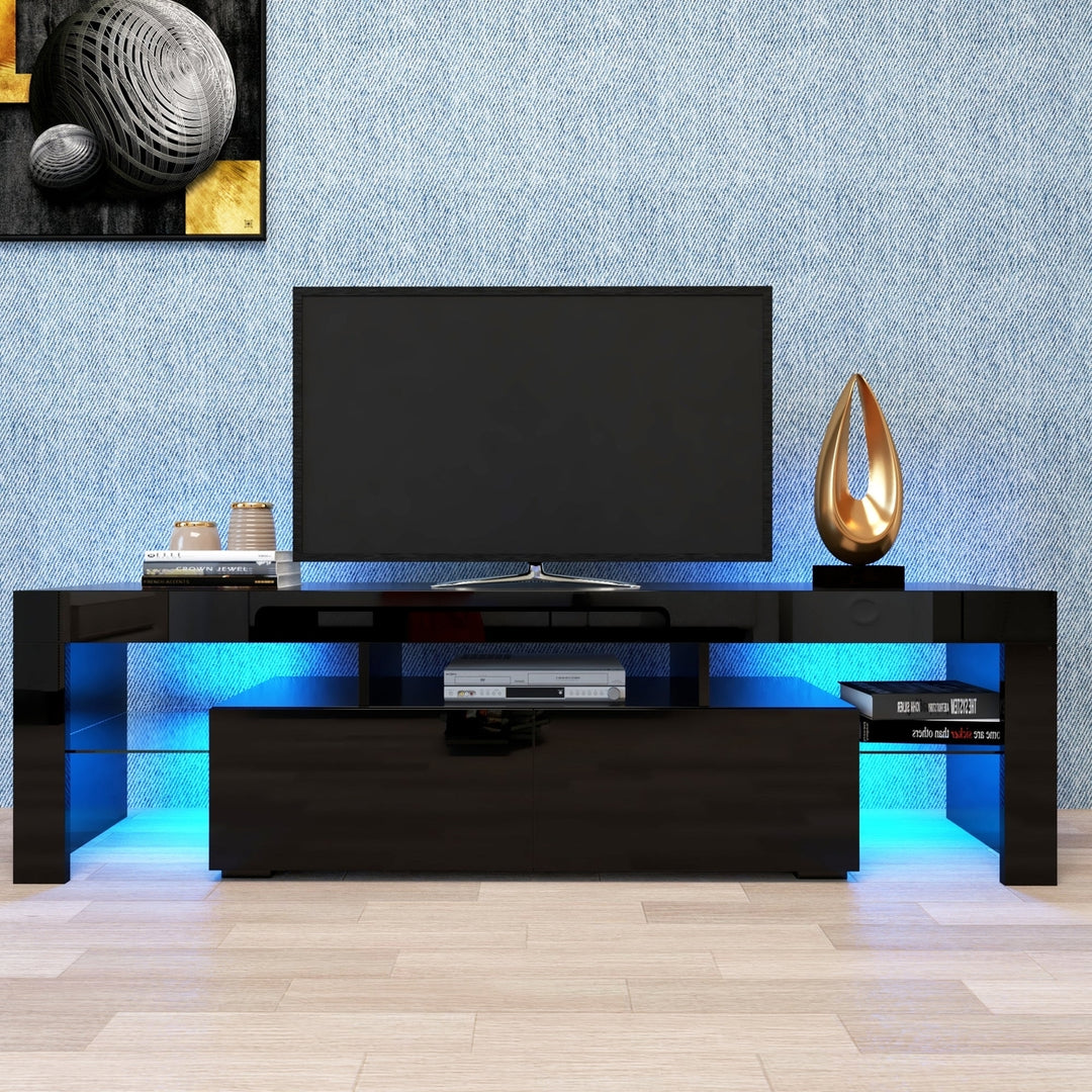 Modern Black TV Stand for 70-inch TV with 20 Colors LED Lights Remote Control Image 8