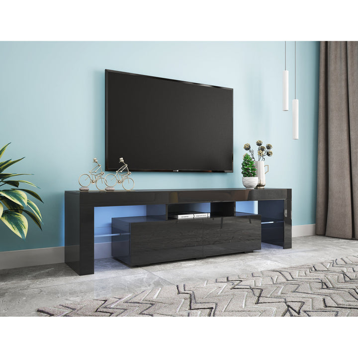 Modern Black TV Stand for 70-inch TV with 20 Colors LED Lights Remote Control Image 10