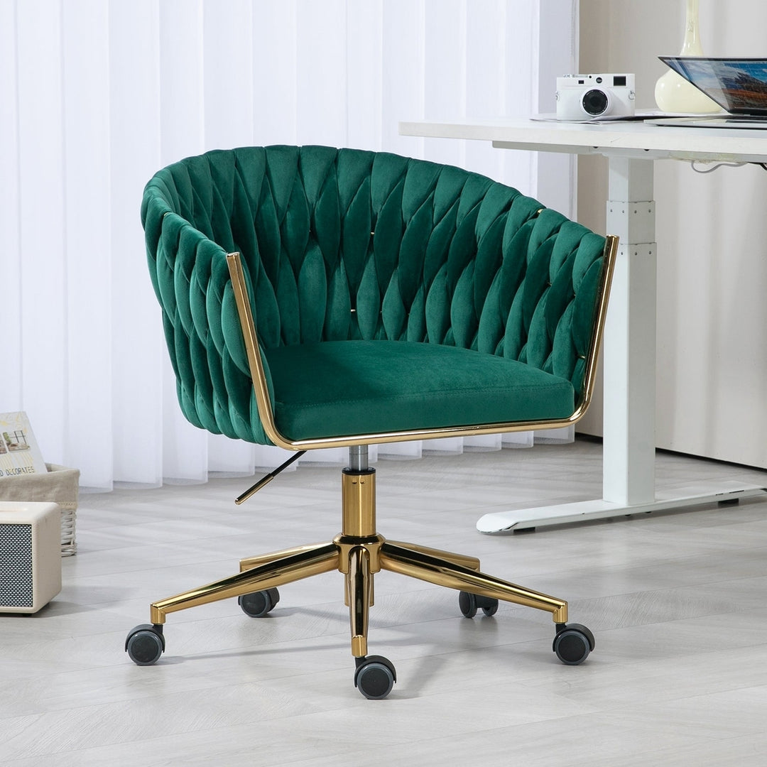 Modern Hand-Woven Office Chair Green Adjustable Swivel Height with Wheels Image 1