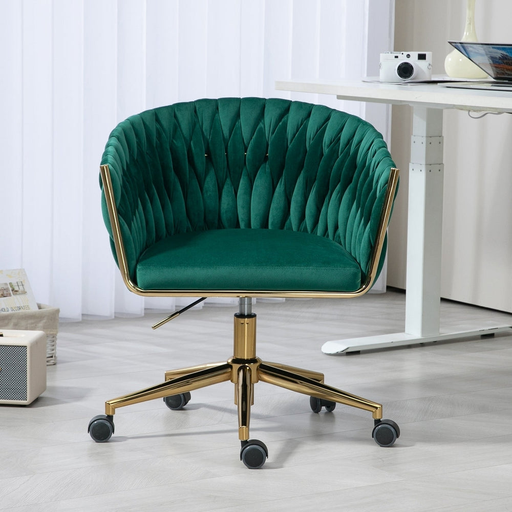 Modern Hand-Woven Office Chair Green Adjustable Swivel Height with Wheels Image 2