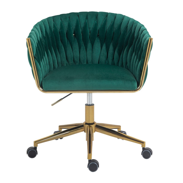 Modern Hand-Woven Office Chair Green Adjustable Swivel Height with Wheels Image 3