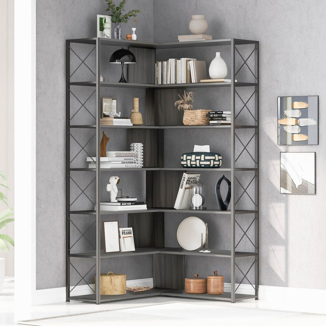 Industrial L-Shaped 7-Tier Bookcase Silver Grey Metal Frame Home Office Storage Image 1