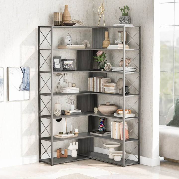 Industrial L-Shaped 7-Tier Bookcase Silver Grey Metal Frame Home Office Storage Image 2