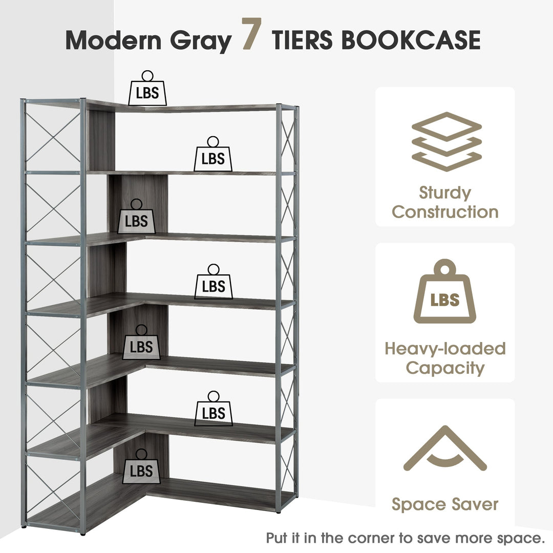 Industrial L-Shaped 7-Tier Bookcase Silver Grey Metal Frame Home Office Storage Image 3