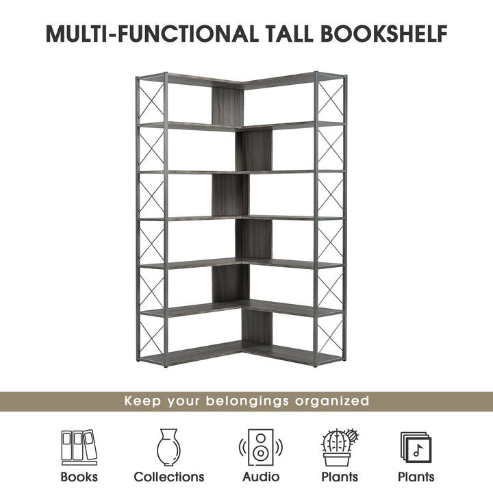 Industrial L-Shaped 7-Tier Bookcase Silver Grey Metal Frame Home Office Storage Image 6