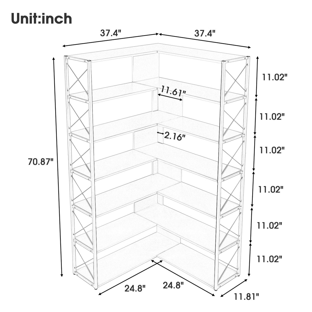 Industrial L-Shaped 7-Tier Bookcase Silver Grey Metal Frame Home Office Storage Image 7