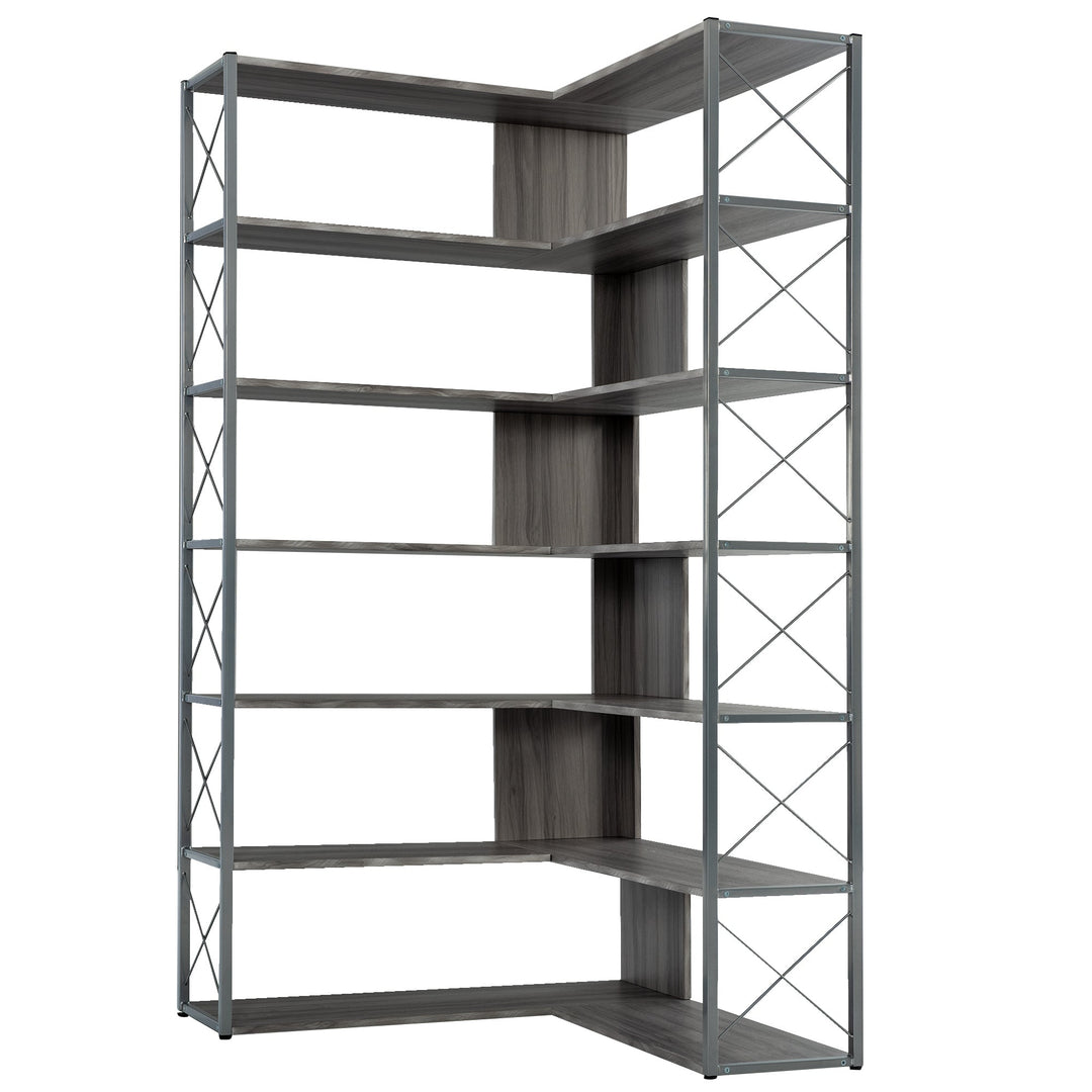 Industrial L-Shaped 7-Tier Bookcase Silver Grey Metal Frame Home Office Storage Image 8