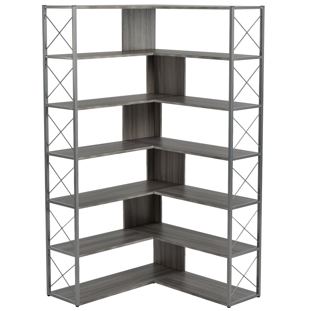 Industrial L-Shaped 7-Tier Bookcase Silver Grey Metal Frame Home Office Storage Image 10