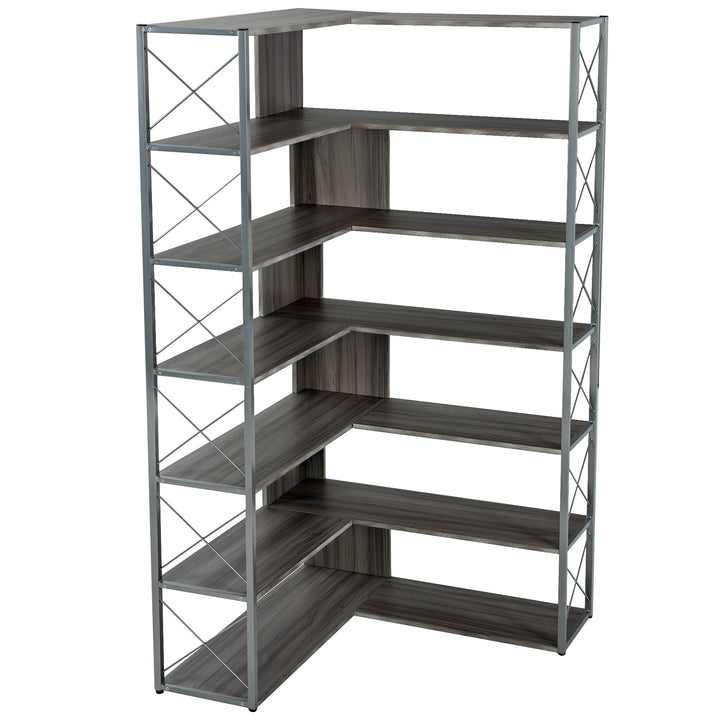 Industrial L-Shaped 7-Tier Bookcase Silver Grey Metal Frame Home Office Storage Image 11