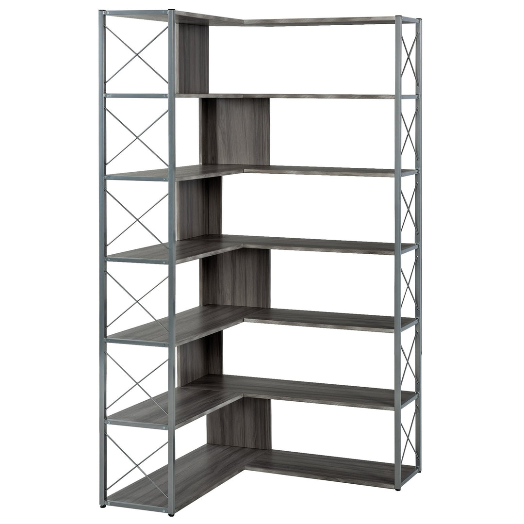 Industrial L-Shaped 7-Tier Bookcase Silver Grey Metal Frame Home Office Storage Image 12