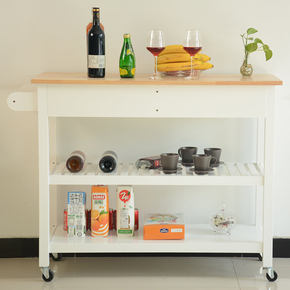 Mobile Kitchen Island with Rubber Wood Top, Lockable Wheels, Simple Design, Two Drawers for Utensil Storage, Easy to Image 2