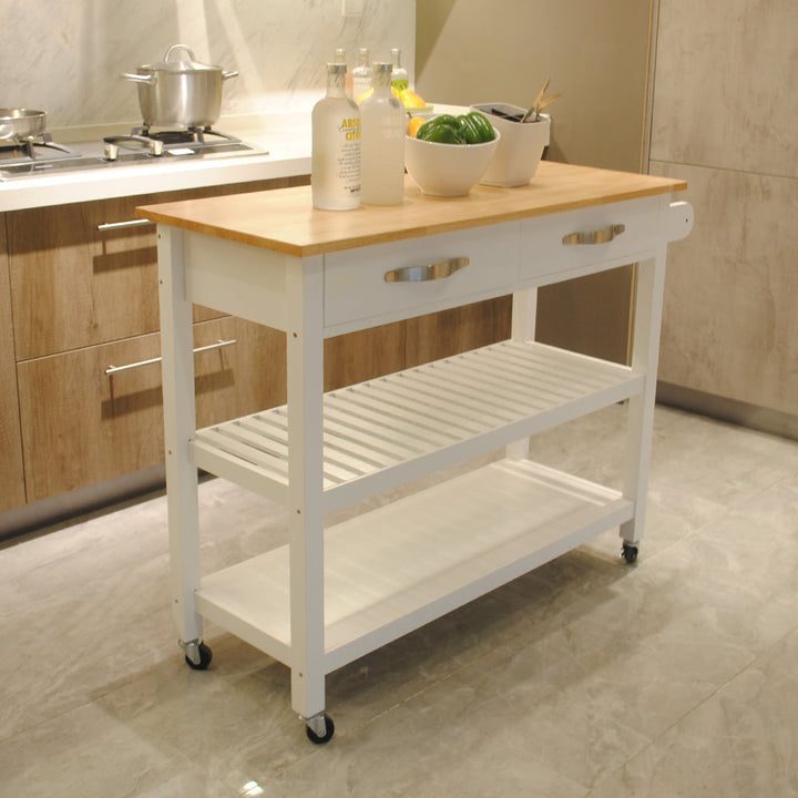 Mobile Kitchen Island with Rubber Wood Top, Lockable Wheels, Simple Design, Two Drawers for Utensil Storage, Easy to Image 6