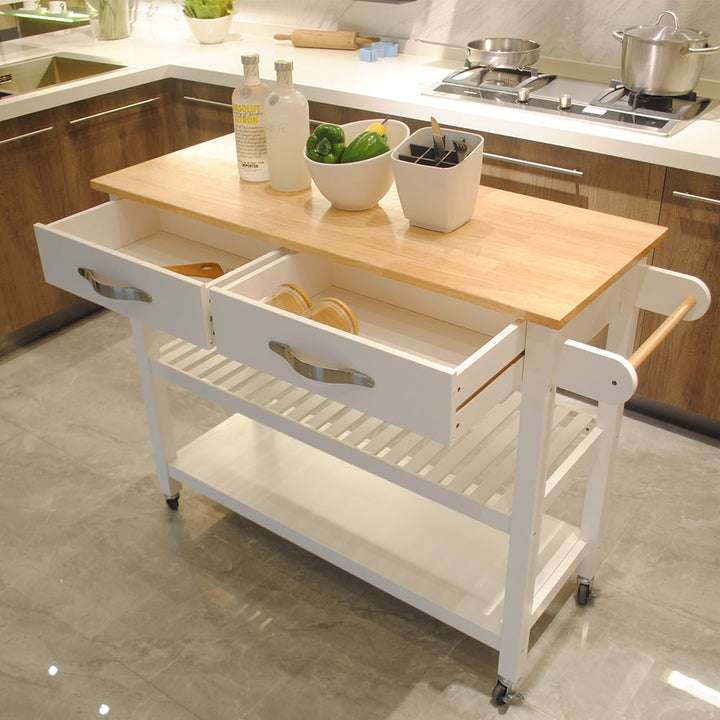 Mobile Kitchen Island with Rubber Wood Top, Lockable Wheels, Simple Design, Two Drawers for Utensil Storage, Easy to Image 7