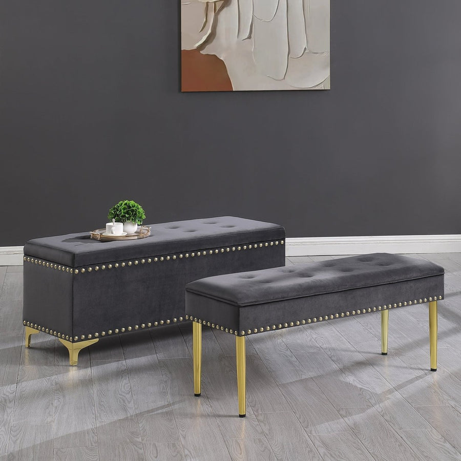 Large Storage Benches with Nailhead Trim Tufted Velvet 2 in 1 Combination for Living Room Entryway Hallway Bedroom Gold Image 1