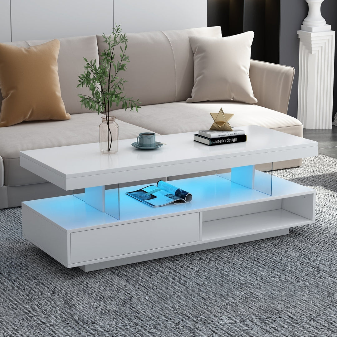 Modern LED Coffee Table with Storage and 2 Drawers, Accent Center Table with Display Shelves for Living Room, White Image 1