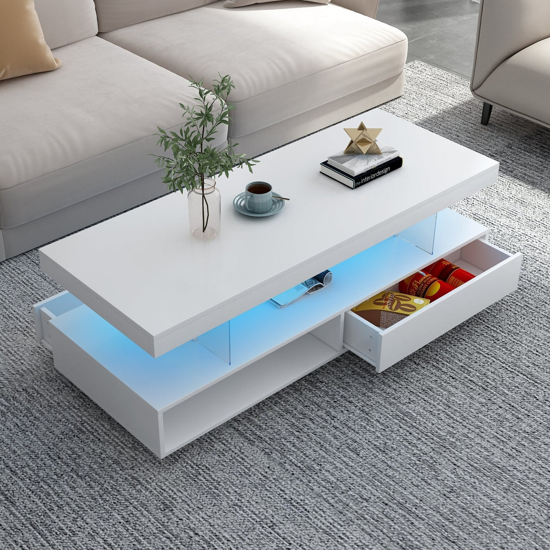 Modern LED Coffee Table with Storage and 2 Drawers, Accent Center Table with Display Shelves for Living Room, White Image 2