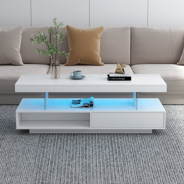 Modern LED Coffee Table with Storage and 2 Drawers, Accent Center Table with Display Shelves for Living Room, White Image 3