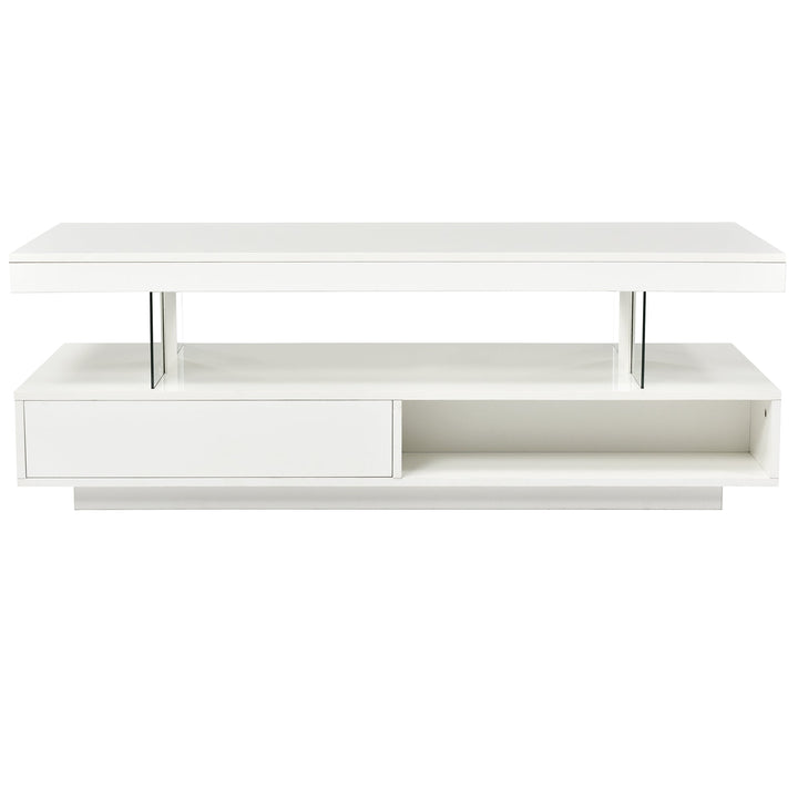 Modern LED Coffee Table with Storage and 2 Drawers, Accent Center Table with Display Shelves for Living Room, White Image 4