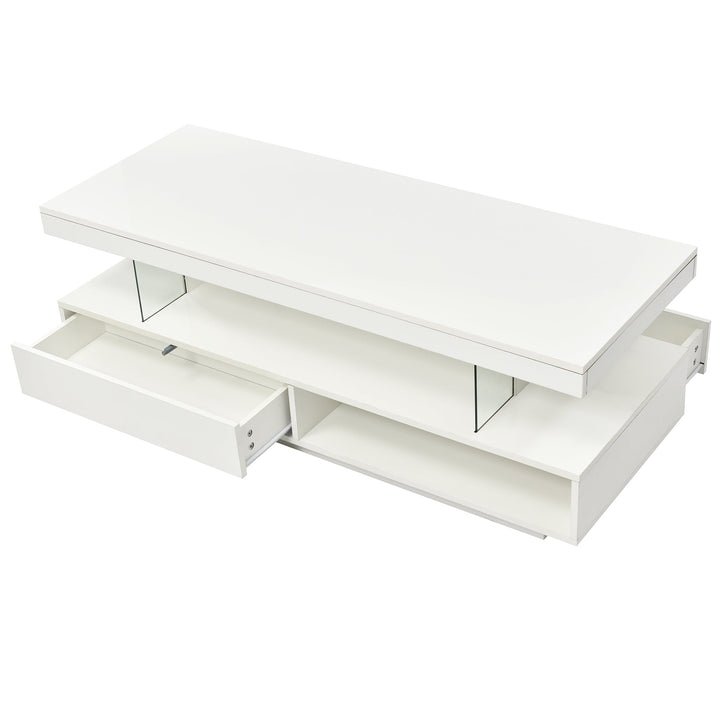 Modern LED Coffee Table with Storage and 2 Drawers, Accent Center Table with Display Shelves for Living Room, White Image 5