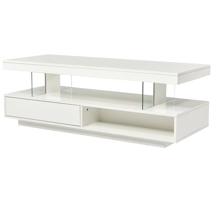 Modern LED Coffee Table with Storage and 2 Drawers, Accent Center Table with Display Shelves for Living Room, White Image 6