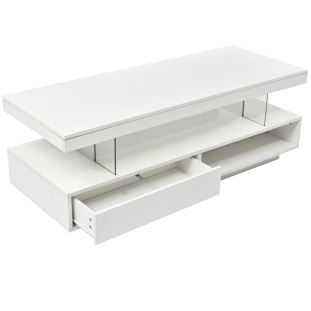 Modern LED Coffee Table with Storage and 2 Drawers, Accent Center Table with Display Shelves for Living Room, White Image 10