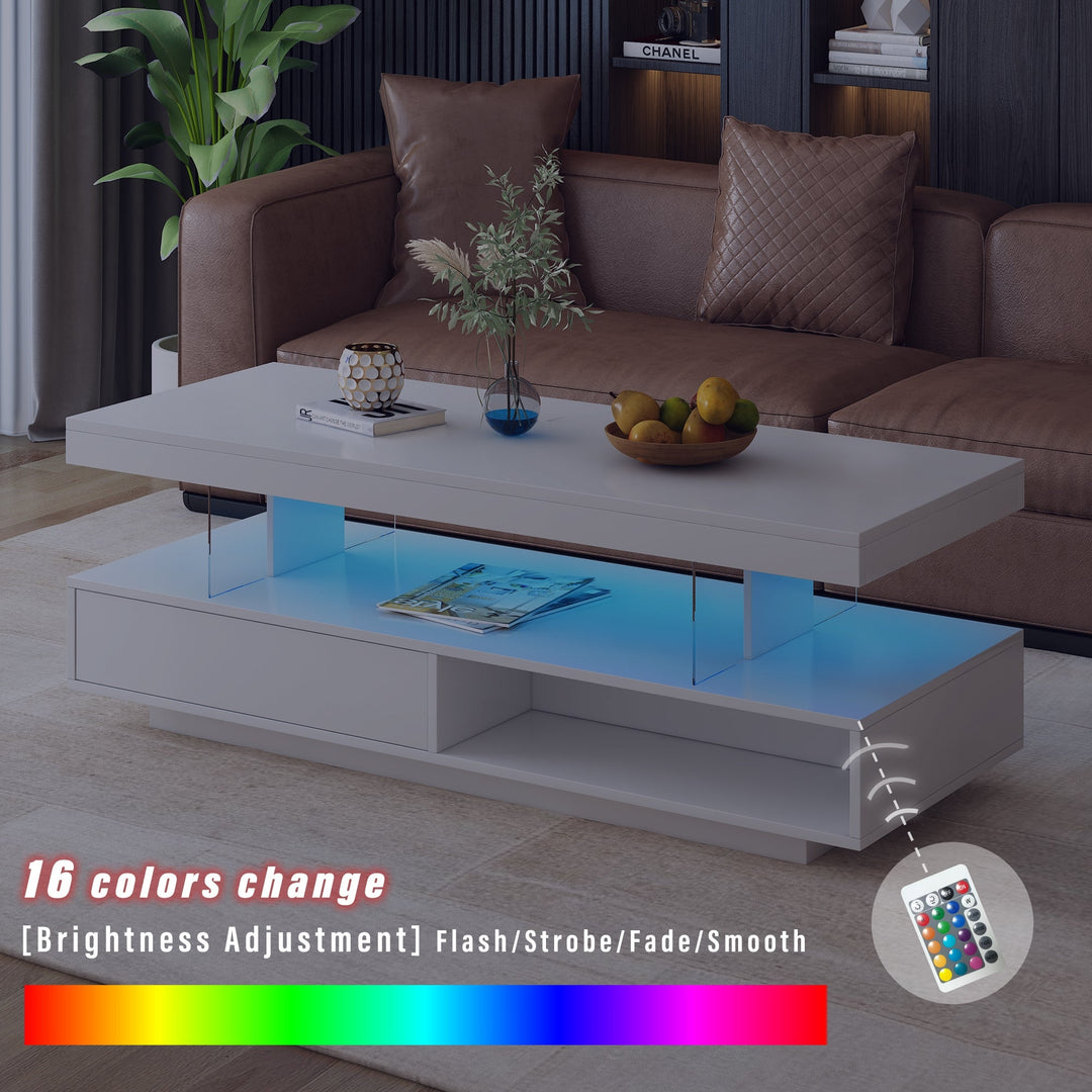 Modern LED Coffee Table with Storage and 2 Drawers, Accent Center Table with Display Shelves for Living Room, White Image 11