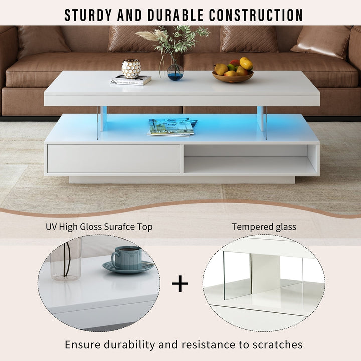 Modern LED Coffee Table with Storage and 2 Drawers, Accent Center Table with Display Shelves for Living Room, White Image 12