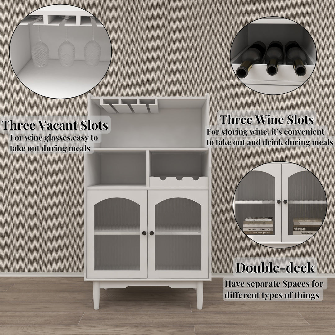 White Wine Cabinet with Glass Doors Removable Rack Bar Storage for Living Room Image 5