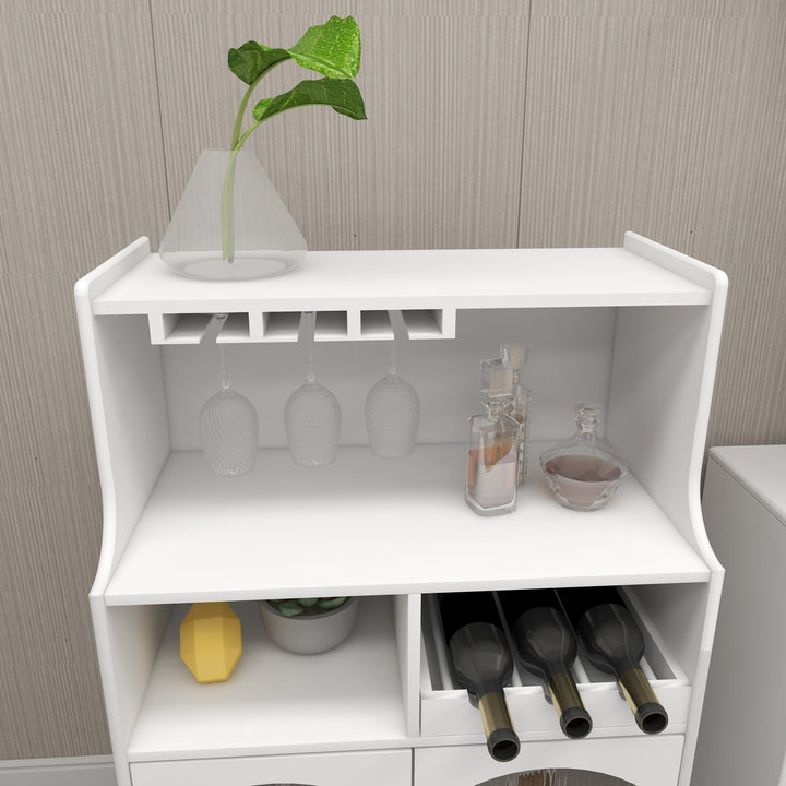 White Wine Cabinet with Glass Doors Removable Rack Bar Storage for Living Room Image 9