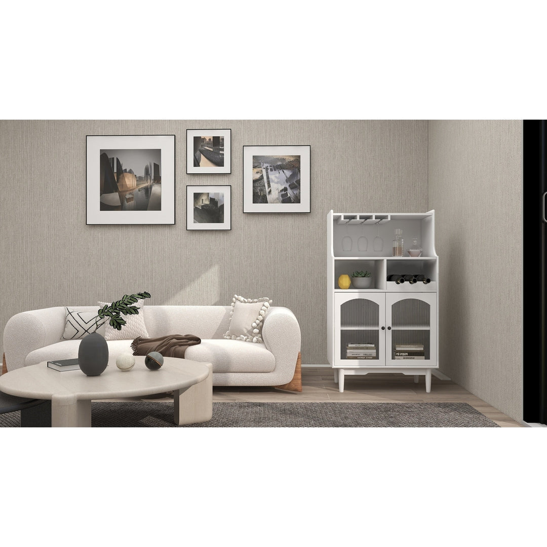 White Wine Cabinet with Glass Doors Removable Rack Bar Storage for Living Room Image 10