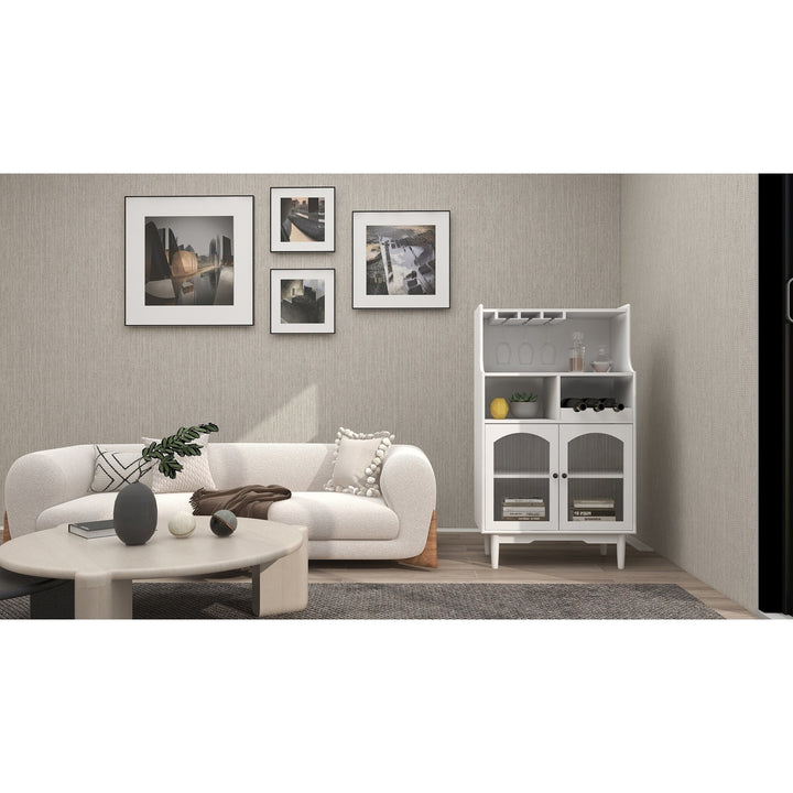 White Wine Cabinet with Glass Doors Removable Rack Bar Storage for Living Room Image 10