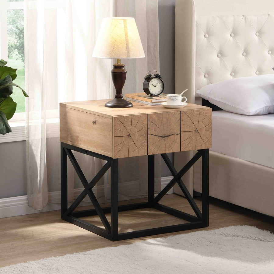 Luxury Night Stand with Drawer, Metal and Wood End Table, Industrial Bedside Table for Living Room, Bedroom and Office Image 1