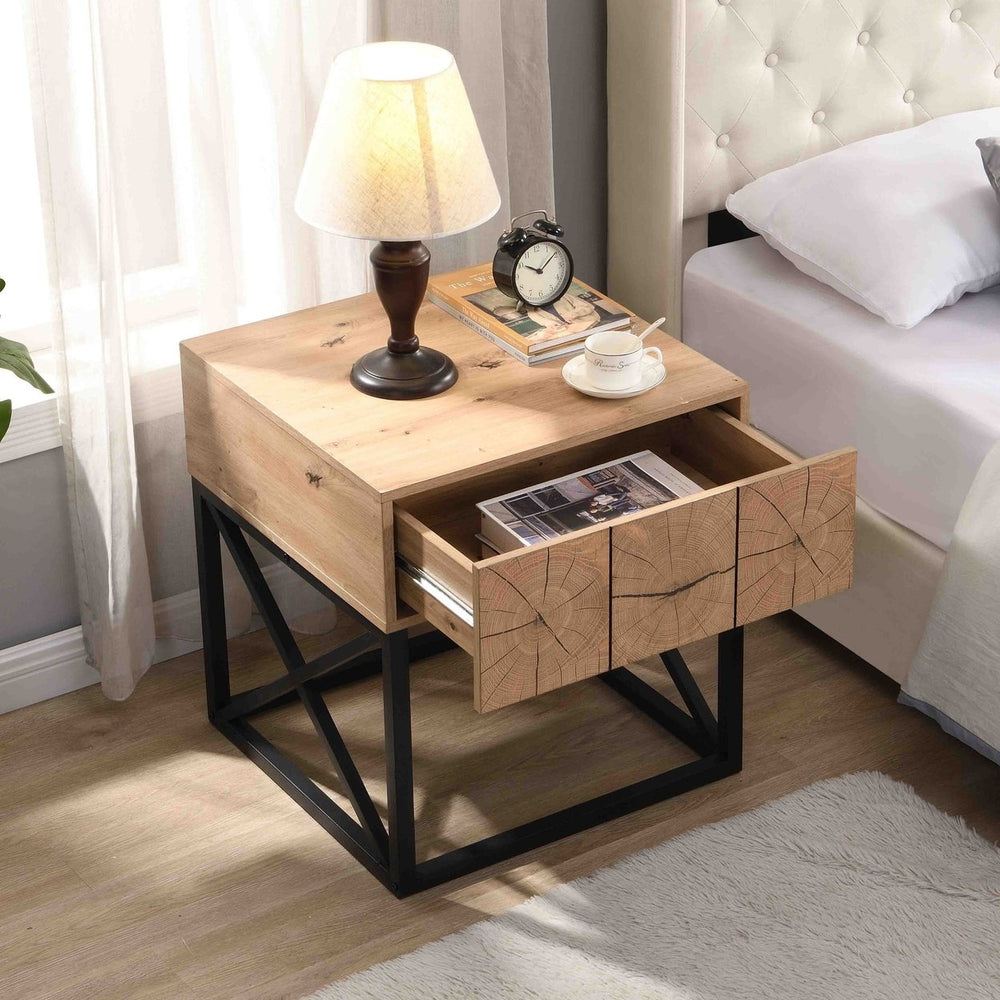 Luxury Night Stand with Drawer, Metal and Wood End Table, Industrial Bedside Table for Living Room, Bedroom and Office Image 2