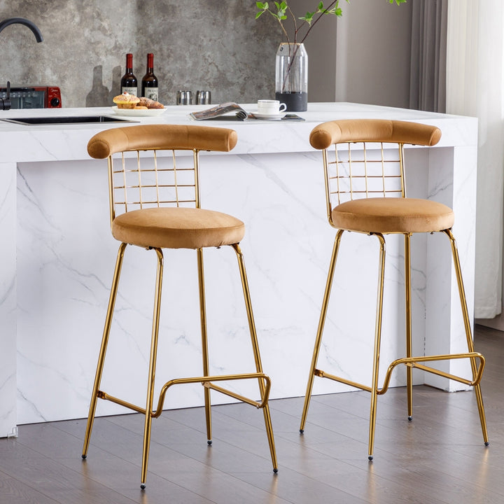 Luxury Velvet High Bar Stool Set of 2 with Metal Legs and Soft Back, Armless Modern Kitchen High Dining Chairs for Pub, Image 1