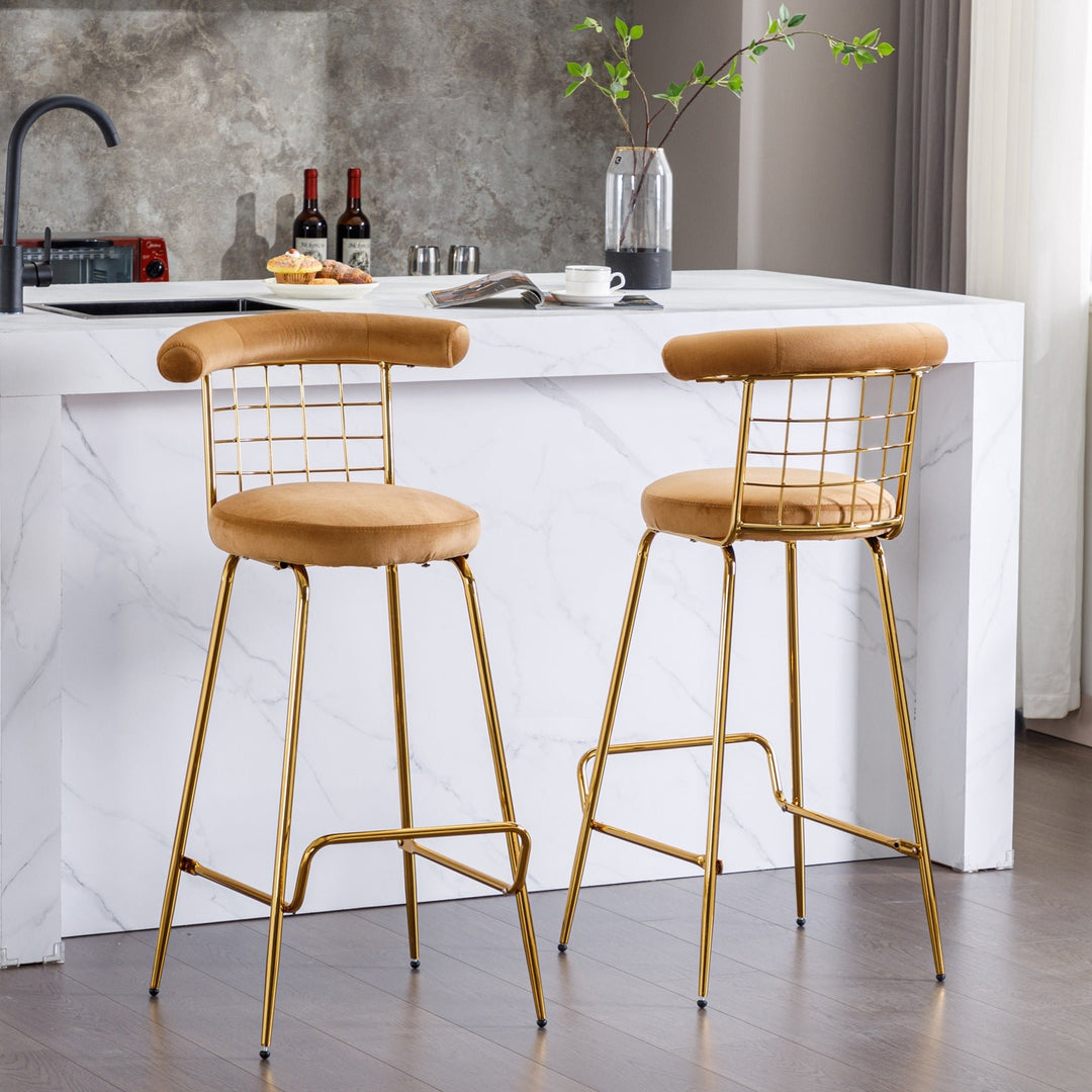 Luxury Velvet High Bar Stool Set of 2 with Metal Legs and Soft Back, Armless Modern Kitchen High Dining Chairs for Pub, Image 3