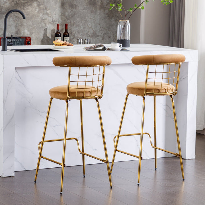 Luxury Velvet High Bar Stool Set of 2 with Metal Legs and Soft Back, Armless Modern Kitchen High Dining Chairs for Pub, Image 4