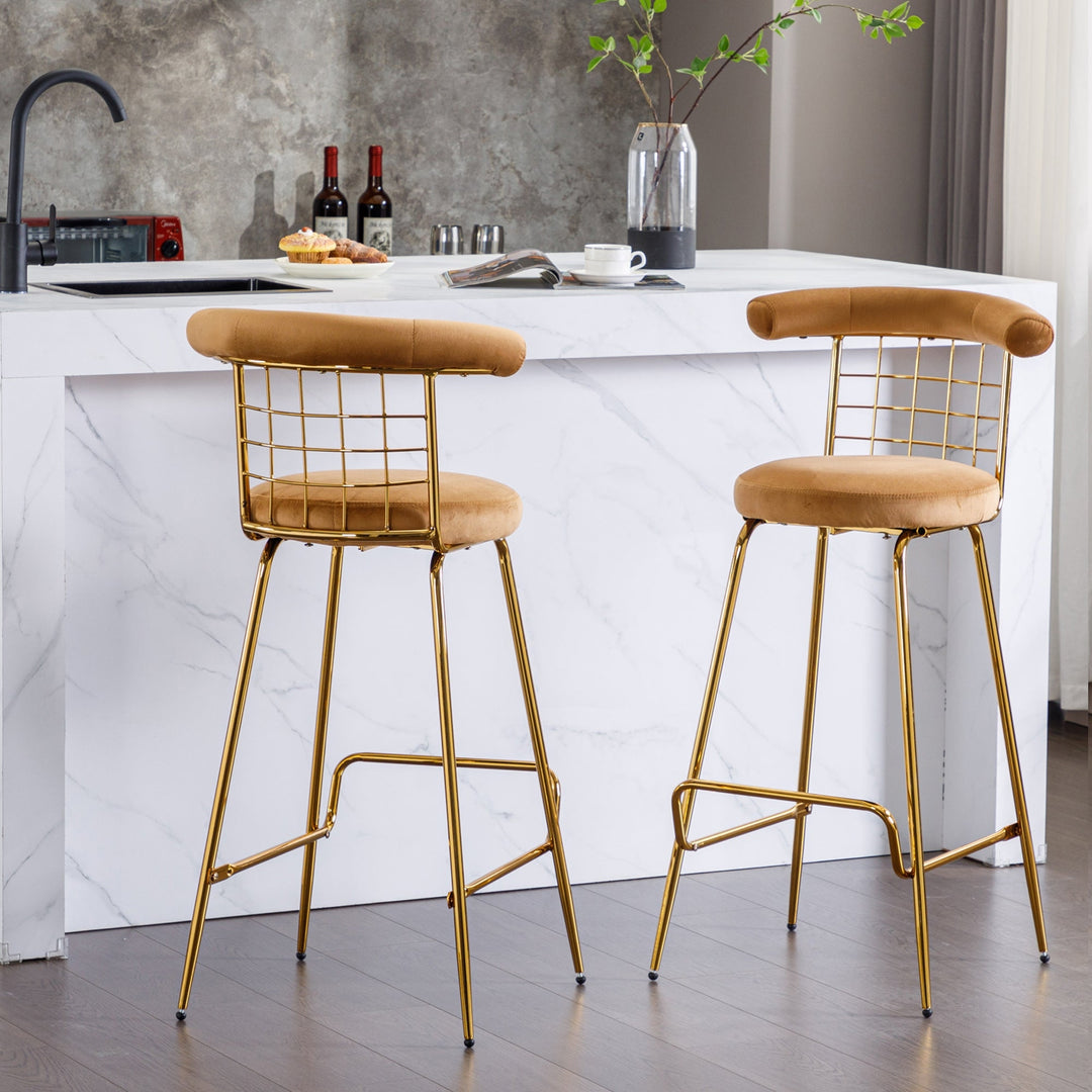 Luxury Velvet High Bar Stool Set of 2 with Metal Legs and Soft Back, Armless Modern Kitchen High Dining Chairs for Pub, Image 7