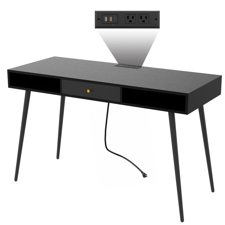Mid Century Modern Desk with USB Ports, Power Outlet, Drawers, Multifunctional Computer Desk for Home Office, Black Image 1