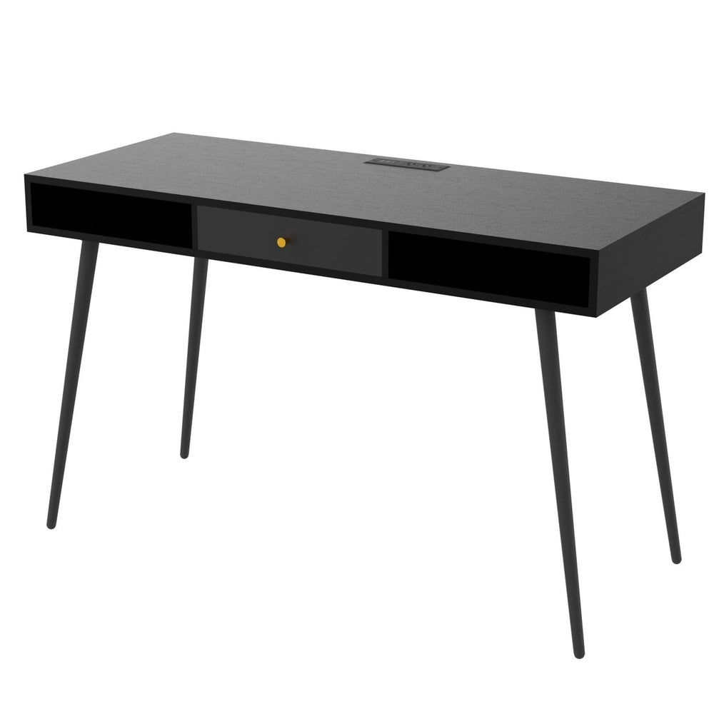 Mid Century Modern Desk with USB Ports, Power Outlet, Drawers, Multifunctional Computer Desk for Home Office, Black Image 2