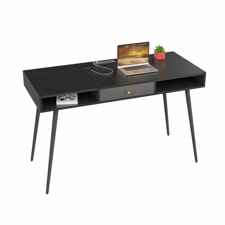 Mid Century Modern Desk with USB Ports, Power Outlet, Drawers, Multifunctional Computer Desk for Home Office, Black Image 3