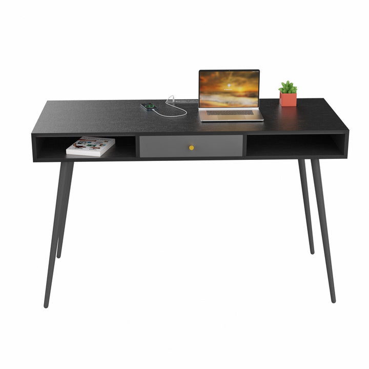 Mid Century Modern Desk with USB Ports, Power Outlet, Drawers, Multifunctional Computer Desk for Home Office, Black Image 4