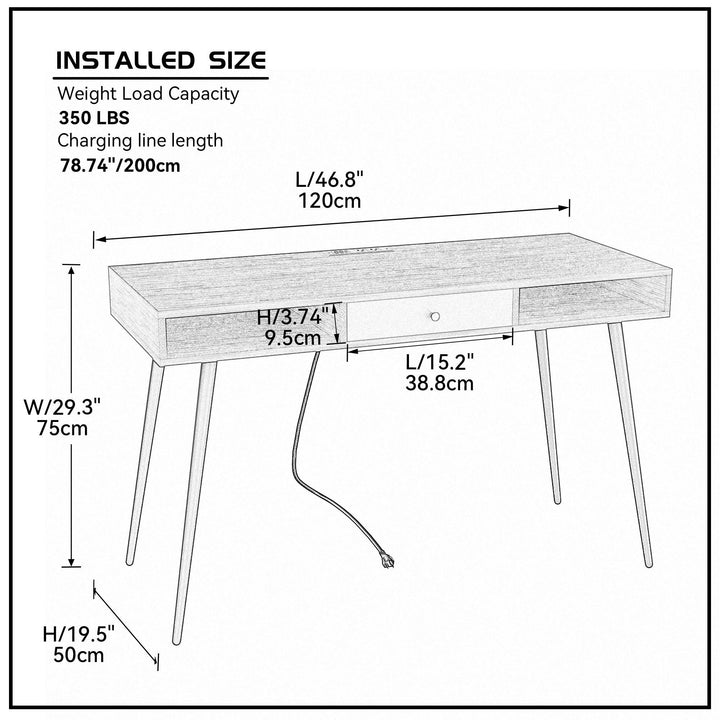 Mid Century Modern Desk with USB Ports, Power Outlet, Drawers, Multifunctional Computer Desk for Home Office, Black Image 9