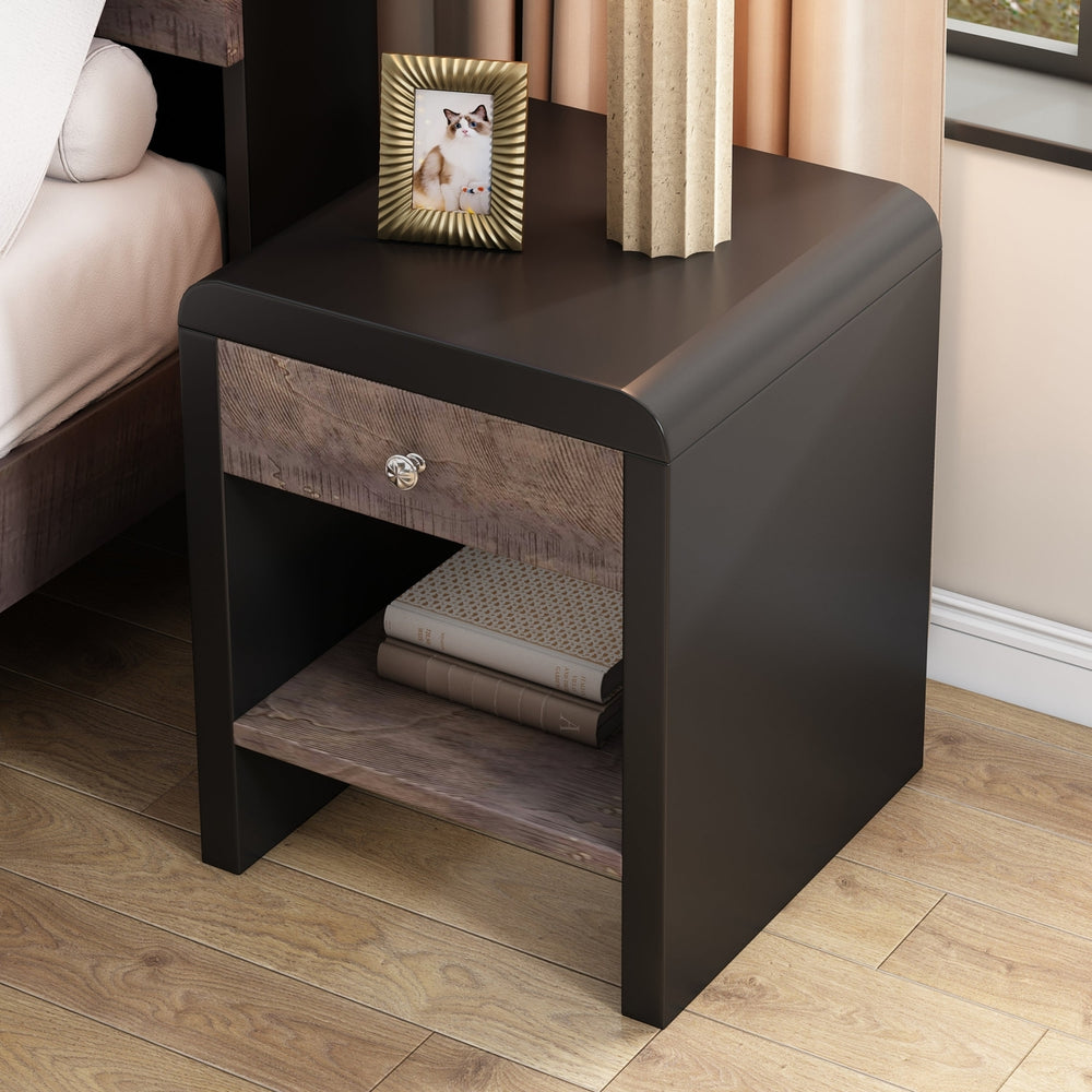 Mid Century Modern Style One-Drawer Nightstand, Walnut and Black, Sleek and Stylish Bedroom Furniture with Storage for Image 2