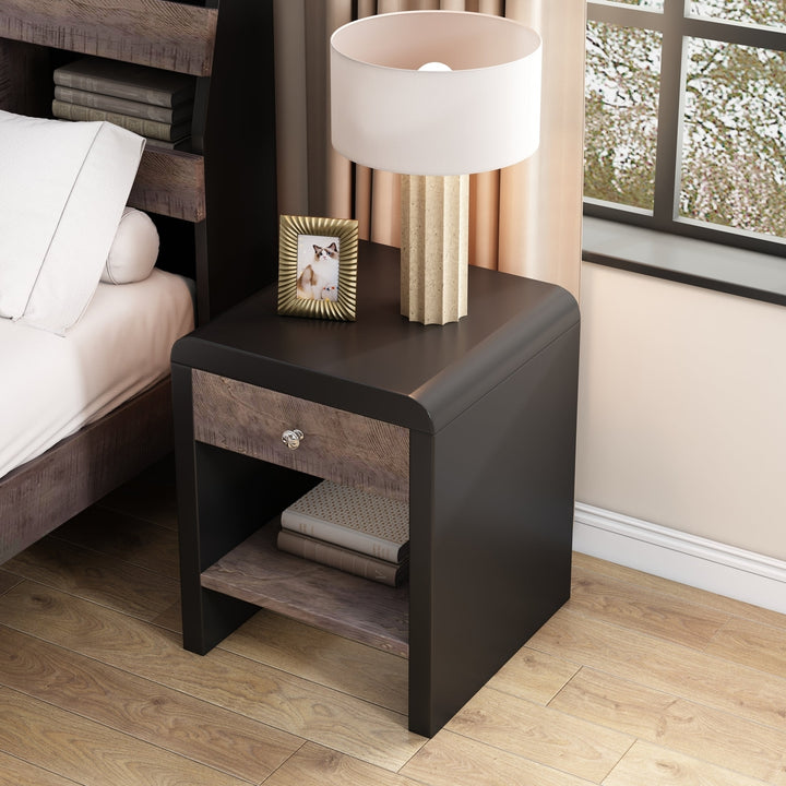 Mid Century Modern Style One-Drawer Nightstand, Walnut and Black, Sleek and Stylish Bedroom Furniture with Storage for Image 9