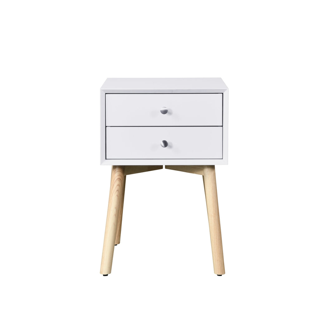 Mid-Century Modern Side Table with Drawers and Rubber Wood Legs, White Storage Cabinet for Bedroom Living Room Image 2
