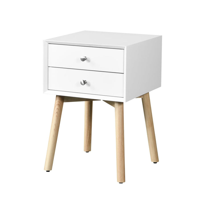 Mid-Century Modern Side Table with Drawers and Rubber Wood Legs, White Storage Cabinet for Bedroom Living Room Image 3
