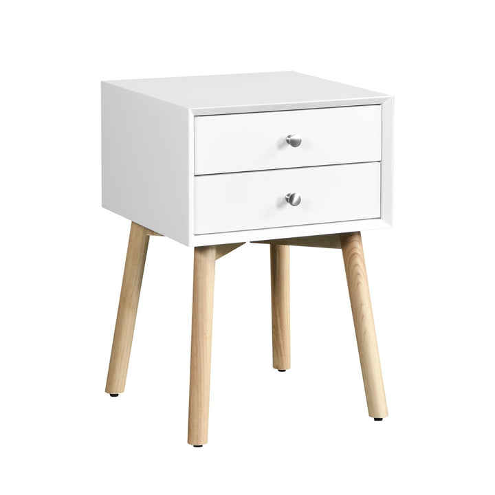 Mid-Century Modern Side Table with Drawers and Rubber Wood Legs, White Storage Cabinet for Bedroom Living Room Image 4