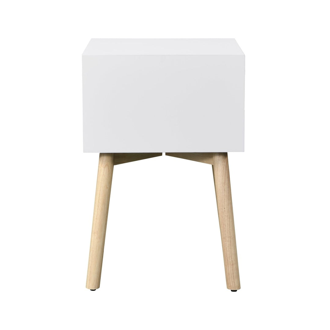 Mid-Century Modern White Nightstand Side Table with Drawers Rubber Wood Legs Image 6